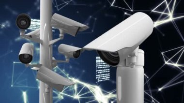 Dijital olarak oluşturulan güvenlik kameraları. Arka plan beyaz parlayan asimetrik çizgileri ve verileri gösterir