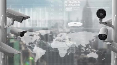 Dijital olarak oluşturulan güvenlik kamerası hareket ediyor. Arka plan, şehrin dünya haritasını, grafikleri ve bulanık görüntüsünü gösterir