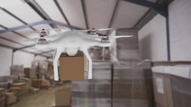 Bir depoda bir kutu taşıyan dijital olarak üretilen uçan drone