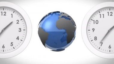 İki beyaz saat arasında uçaklarla dönen dijital olarak üretilen küre. Beyaz arka plan.