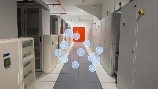 Ícones Digitais Gerados Digitalmente Formam Uma Esfera Expandem Fundo Corredor — Vídeo de Stock