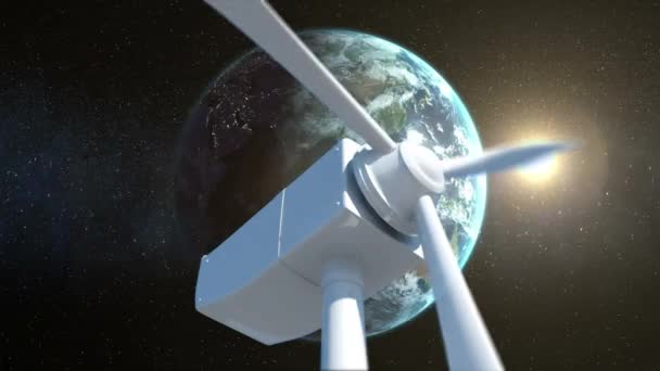 지구와 태양을 움직이는 날개와 공간의 배경이 풍차의 디지털 애니메이션 — 비디오