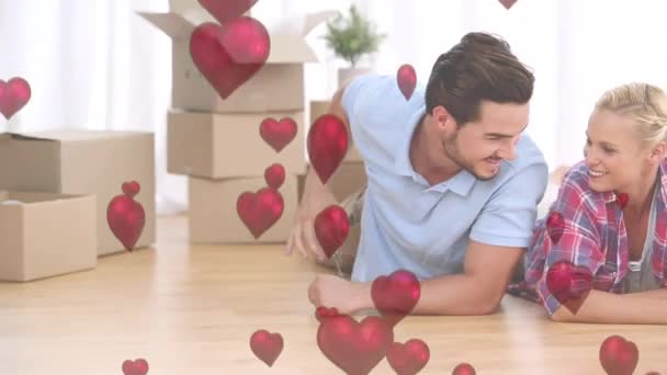Digital Composite Caucasian Couple Floor Unpacking Boxes Man Giving Keys — Stock Video