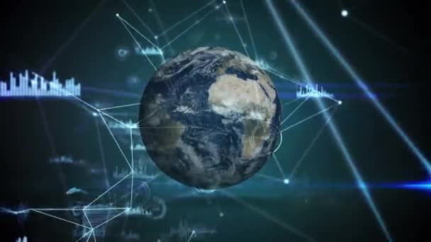 Terre générée numériquement zoomer en tournant. Fond blanc rayonnant lignes asymétriques 