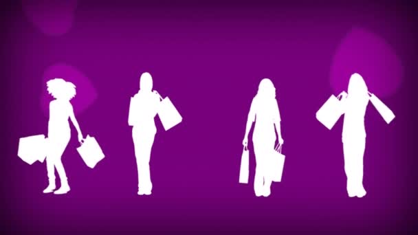 Digitally Generated Silhouettes Four Female Shopping Bags Purple Background — Stock Video