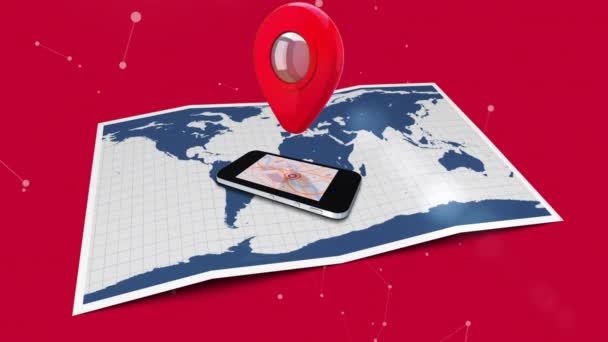 地図の上に置かれた携帯電話の上に回転するデジタルで生成された地図アイコン 接続線と赤の背景 — ストック動画