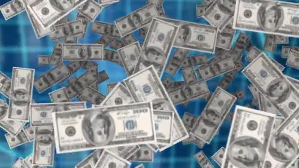 Billetes Dólar Generados Digitalmente Cayendo Arriba Abajo Pantalla Gráfico Aparece — Vídeo de stock