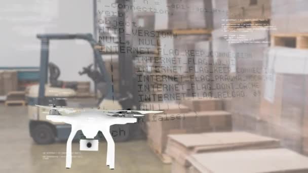 Drone Branco Gerado Digitalmente Voando Armazém Fundo Mostra Códigos — Vídeo de Stock