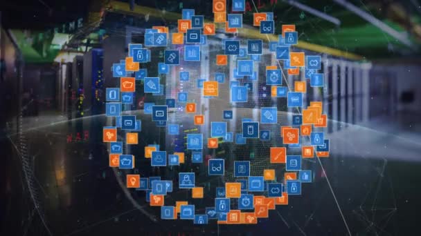 Ícones Aplicativos Digitais Gerados Digitalmente Formando Uma Esfera Expandindo Enquanto — Vídeo de Stock