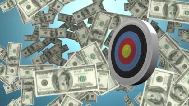 Digitally Generated Target Getting Hit While Dollars Fall Background — Stock Video