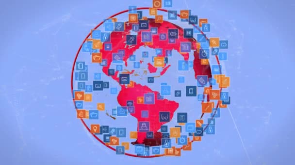 globe rotatif généré numériquement tandis que les icônes numériques se déplacent et se développe. Les lignes et les nombres se déplacent dans le fond bleu 