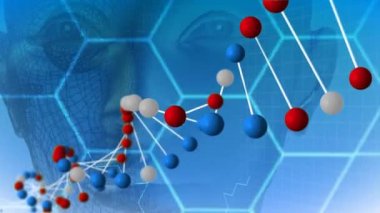 Dna çift sarkaç dönerken dijital olarak üretilen insan kafası. Arı kovanı desenli mavi arka plan