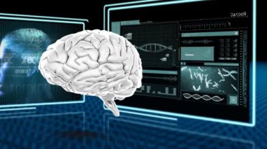 Dijital olarak üretilen insan beyni, arka plan veri ve bilgileri gösterirken geri dönüyor