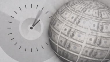 Bir küre yüzeyde dolar banknotları ile dönerken hareket eden dijital olarak oluşturulan analog saat