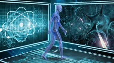 Arka planda atom ve nöron görüntüleri ile insan anatomisi yan görünümü dijital animasyon