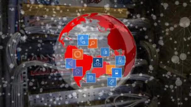 Цифровий Породжений Обертовий Глобус Час Цифрові Піктограми Рухаються Розширюються Фон — стокове відео