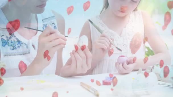 Цифровий Композит Живопису Матері Дочки Багаторасова Сім Тло Показує Серця — стокове відео