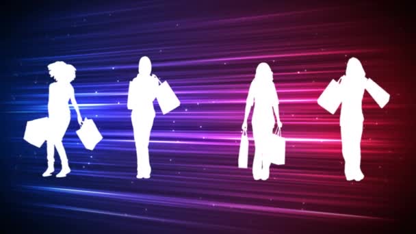 買い物袋を持つ4人の女性のデジタル生成シルエット カラフルなライトの背景 — ストック動画