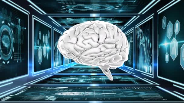 Cerebro Humano Generado Digitalmente Girando Fondo Muestra Túnel Cuadrado Con — Vídeo de stock