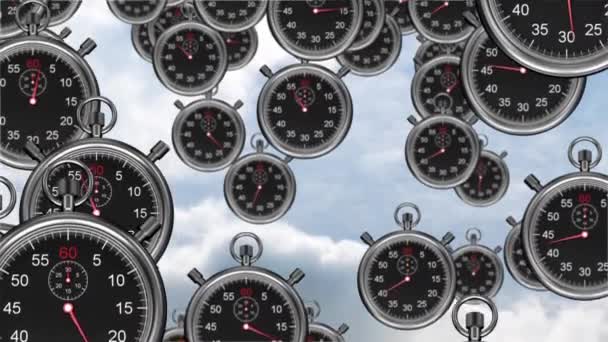 Dijital Olarak Üretilen Kronometreler Düşüyor Arka Plan Gökyüzünü Bulutları Gösterir — Stok video