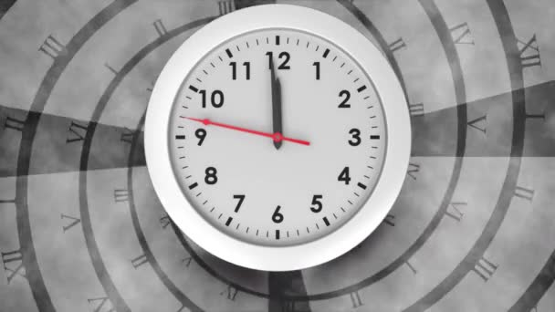 Relógio Branco Gerado Digitalmente Atingindo Fundo Mostra Tempo Algarismos Romanos — Vídeo de Stock