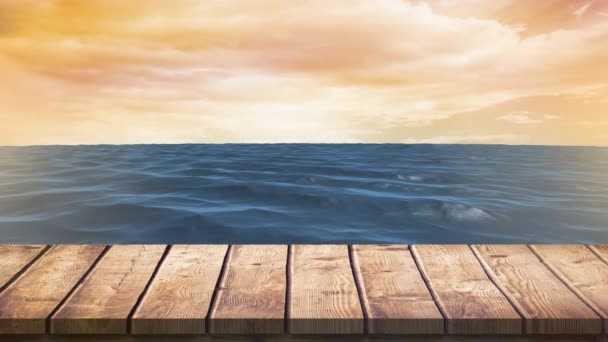 Digital Erzeugtes Holzdeck Ruhigen Meer Bei Sonnenuntergang Mit Himmel Und — Stockvideo