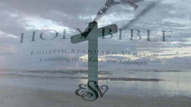 Boční Pohled Kříž Pobřeží Oblohou Mraky Pozadí Ukazuje Svatou Bibli — Stock video