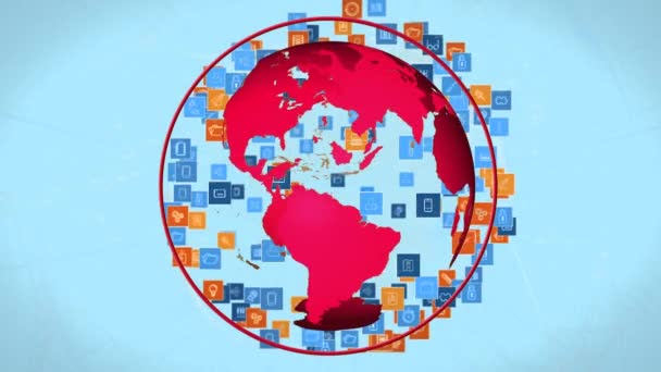 Digitally Generated Rotating Globe While Digital Icons Move Expands — Stock Video