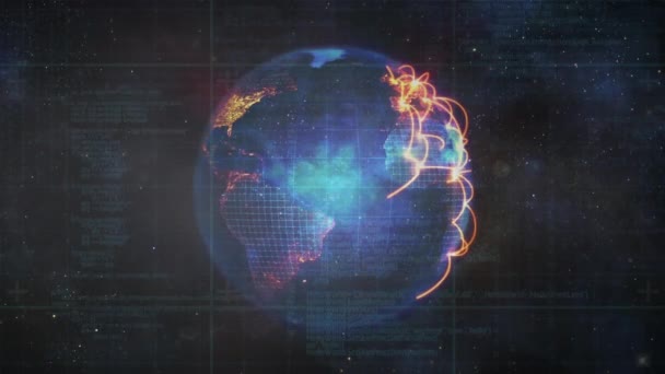 Digitalt Genererade Roterande Jorden Med Glödande Orange Ljus Nätverk Över — Stockvideo