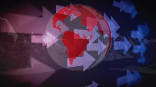 Cerveau rotatif généré numériquement avec des flèches pointées vers la droite, se déplaçant de gauche à droite. Arrière-plan montre graphique paysage 