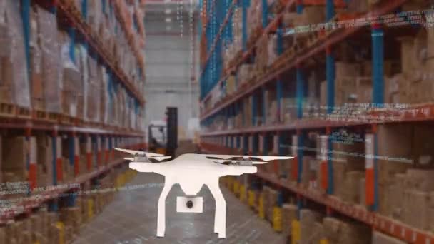 Drone Gerado Digitalmente Voando Armazém Códigos Digitais Move Longo Tela — Vídeo de Stock