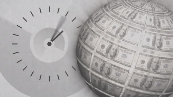 Digitally Generated Analog Clock Moving Globe Rotates Dollar Bills Surface — Stock Video