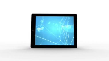 Ekranda asimetrik çizgilerle dijital olarak oluşturulan dokunmatik ekran tablet. Beyaz arka plan.