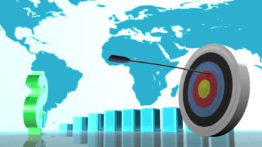 Dijital olarak oluşturulan hedef oklarla ateş ederken dolar işareti yanda döner ve arka plan çubuk grafiğini ve haritasını gösterir