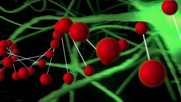 デジタルで生成されたDna二重らせんモデルは赤色で 背景は1つのニューロンから別のニューロンにビデオを移動することを示しています — ストック動画