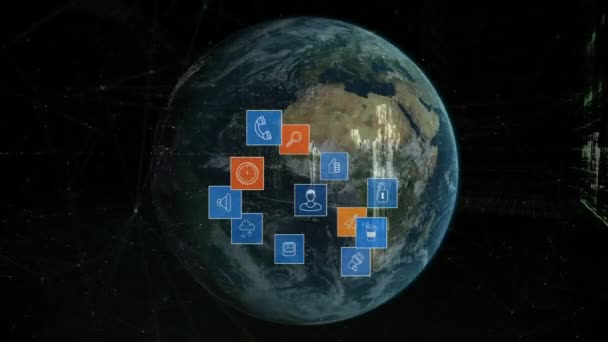 Globo Giratório Gerado Digitalmente Enquanto Ícones Digitais Movem Expandem Fundo — Vídeo de Stock