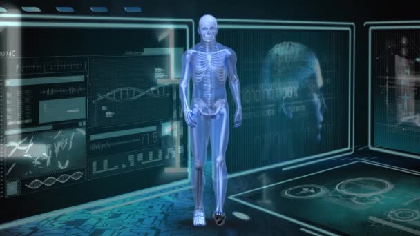 Andar Por Anatomia Humana Gerada Digitalmente Enquanto Números Binários Telas — Vídeo de Stock