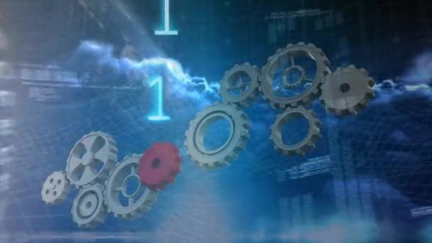 Digitally Generated Gears Moving While Binary Codes Moves Background — Stock Video