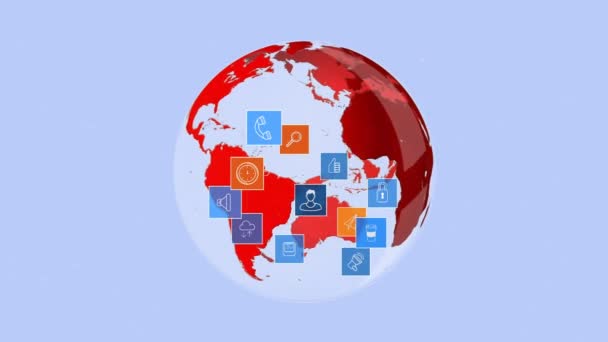 Digitaal Gegenereerde Roterende Globe Terwijl Digitale Iconen Bewegen Uitbreiden — Stockvideo