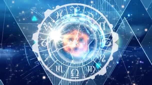 Cyfrowo Wygenerowany Zegar Znak Zodiaku Globu Centrum Tło Pokazuje Świecące — Wideo stockowe