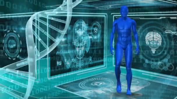 Digitalt Genererade Mänsklig Modell Promenader Medan Dna Double Helix Strand — Stockvideo