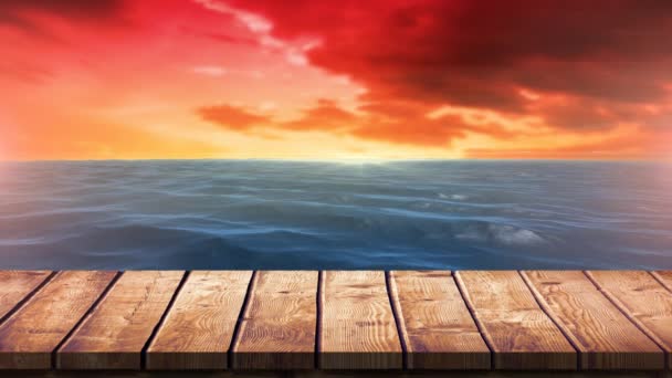 Digitales Zusammenspiel Einer Ruhigen See Während Des Sonnenuntergangs Holzplanke Unteren — Stockvideo