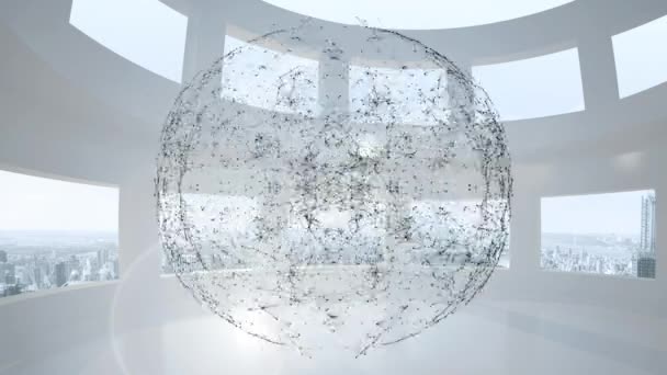 Digitally Generated Animation Black Dots Moving Forming Sphere White Room — Stock Video