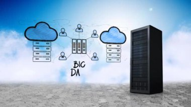 Bir CPU bulutlar ile gökyüzü arka plan ile sağ tarafta duruyor iken dijital oluşturulan bulut depolama Haritası animasyon ekranın ortasında çizilmiş.