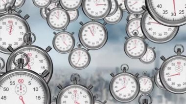 Dijital olarak üretilen kronometreler düşüyor. Arka plan şehrin siluetini gösterir.