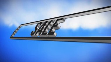 Dikdörtgen bir çubuk üzerine yerleştirilen siyah Font kelime satışı dijital animasyon gökyüzü bir arka plan ile döner