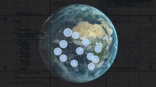 Цифровий Породжений Обертовий Глобус Час Цифрові Піктограми Рухаються Розширюються Темний — стокове відео