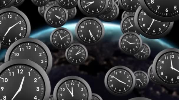 Relógios Negros Gerados Digitalmente Caindo Fundo Mostra Superfície Terra — Vídeo de Stock
