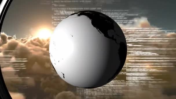 globe rotatif généré numériquement dans le ciel avec nuages et petites informations, fermé à l'intérieur d'une voûte 