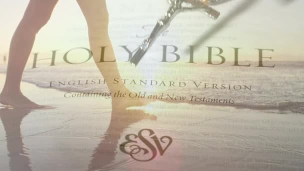 Digital Composite Female Walking Shore Sunset Background Shows Holy Bible — Stock Video